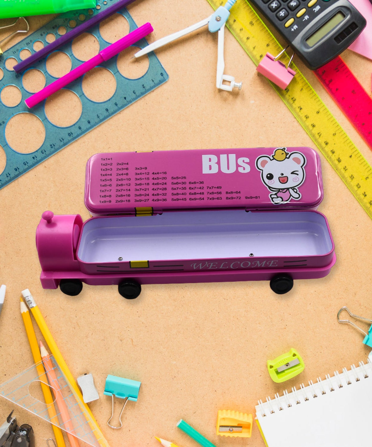 Metal bus pencil box, two layers, sharpener included.