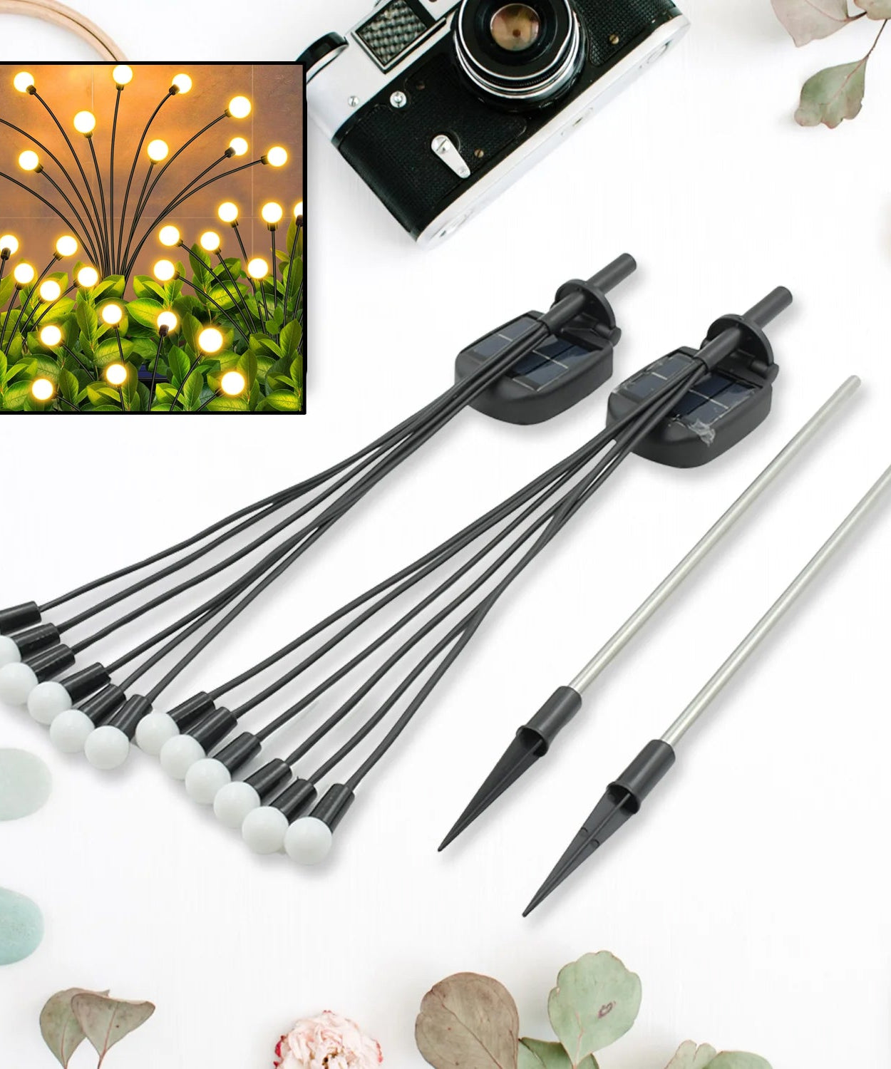 Solar garden lights with firefly design, warm light