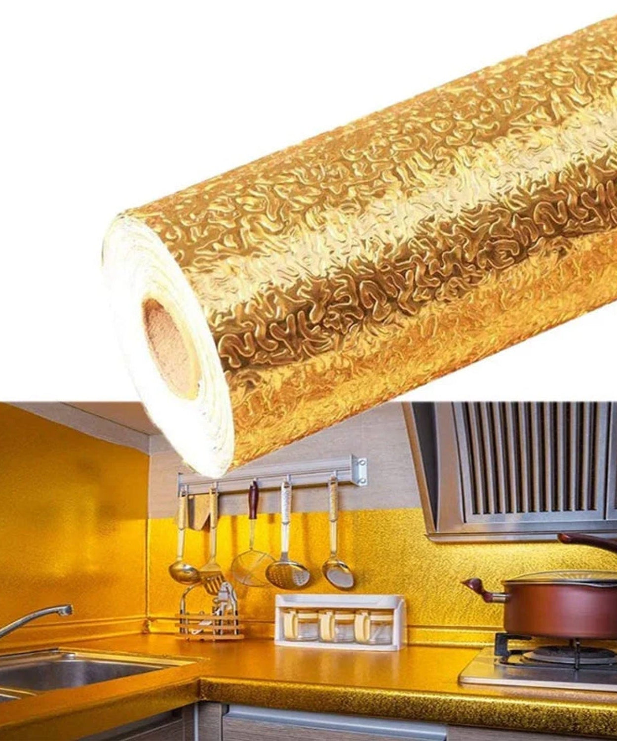Oil Proof Sticker, Waterproof Self Adhesive Aluminum Foil Wallpaper (60 cm×200 Cm / Golden / 1 Pc)