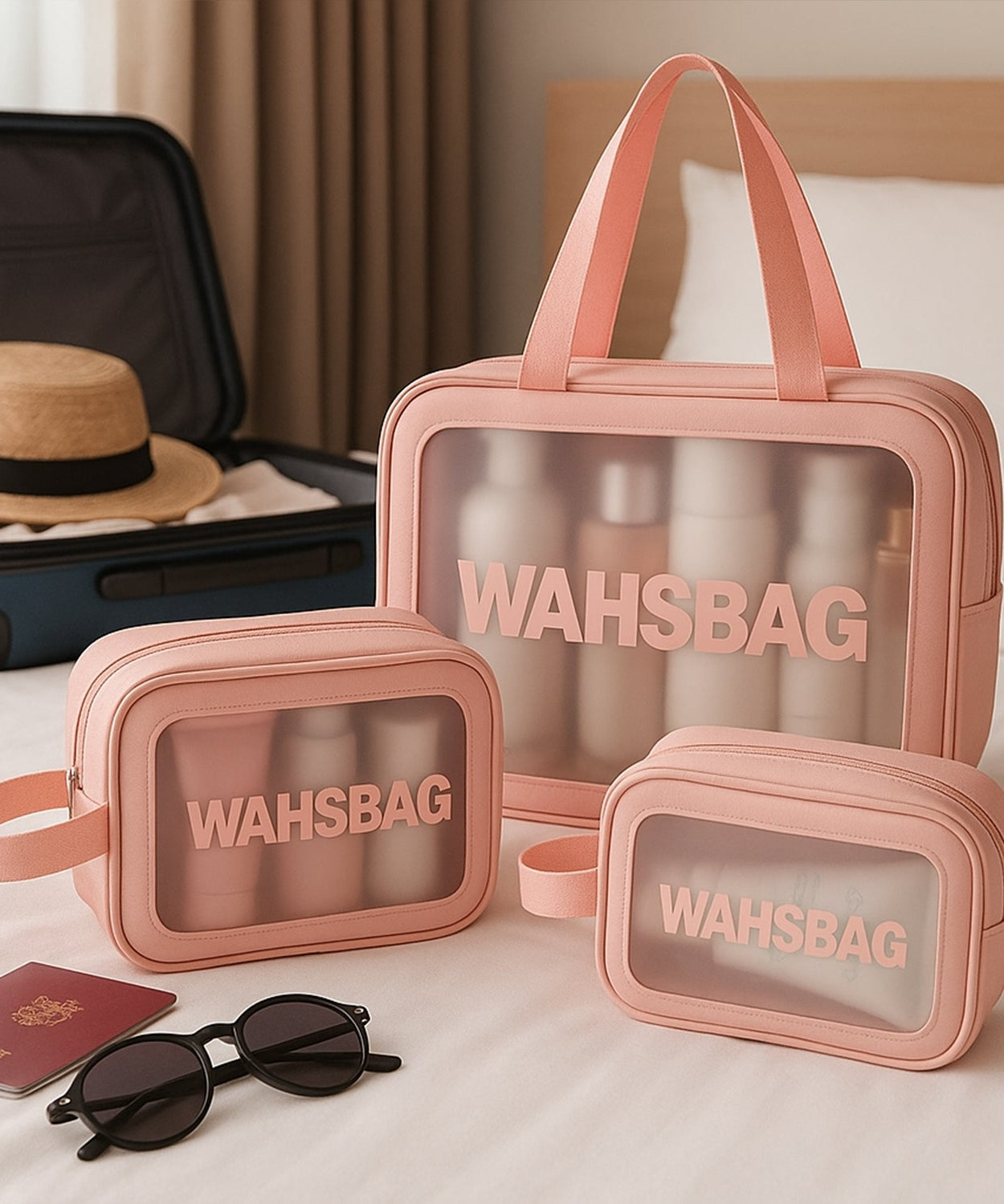 Cosmetic Pouch, Make up Bag for Home & Travel, Toiletry Bag for Cosmetics, Brushes, Accessories Set of 3 Small, Medium & Big - Wash Bag