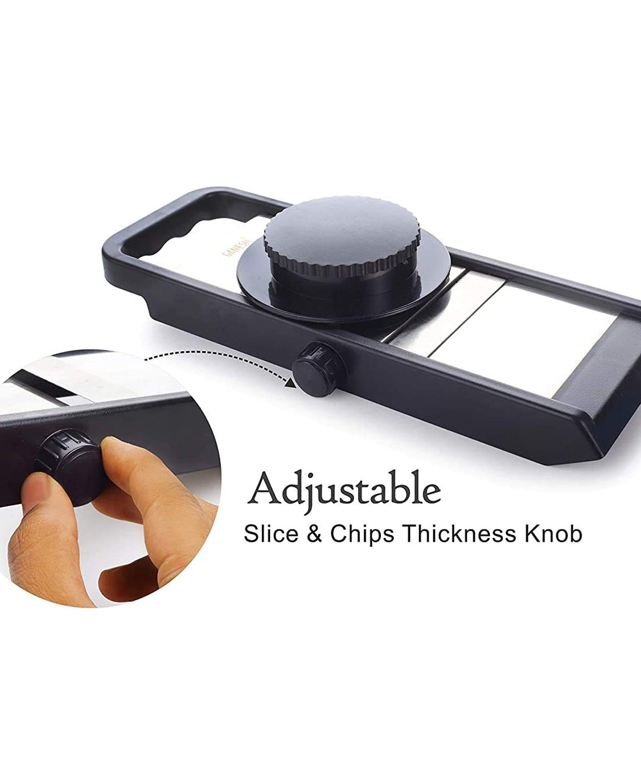 Ganesh adjustable slicer, plastic with black and silver finish, 1 piece.