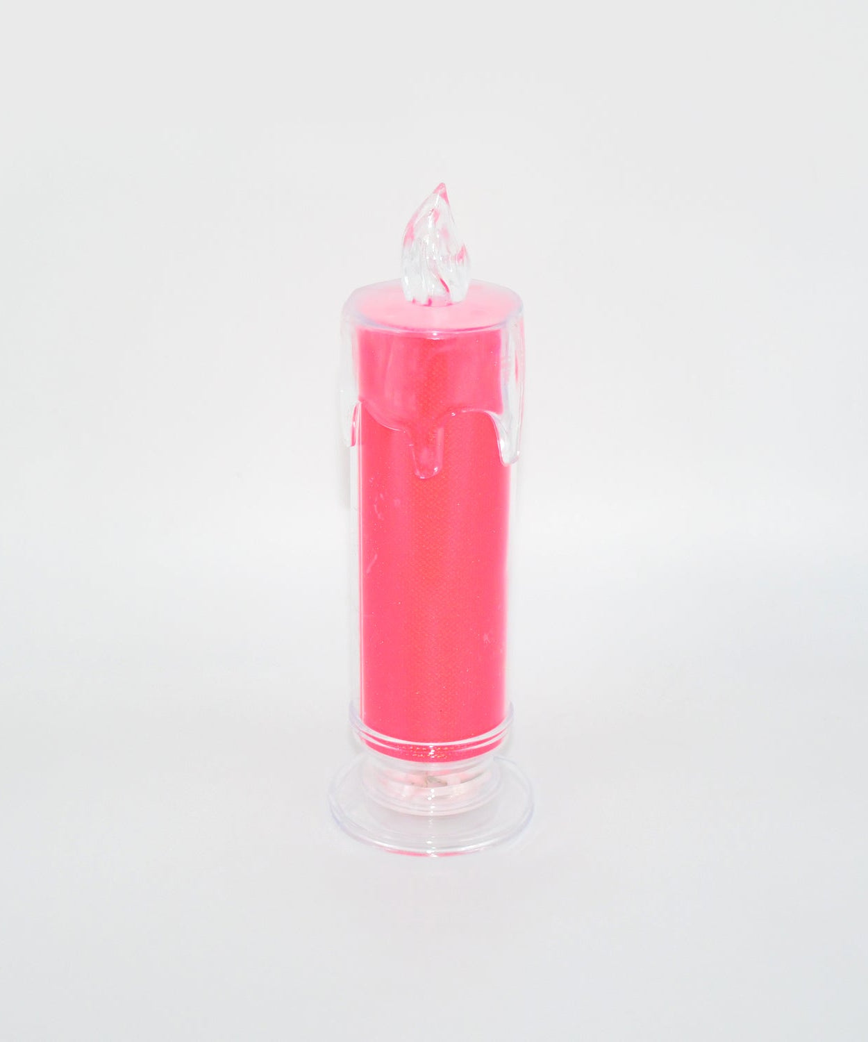 Detailed view of red LED flameless candle, highlighting its flickering light effect.