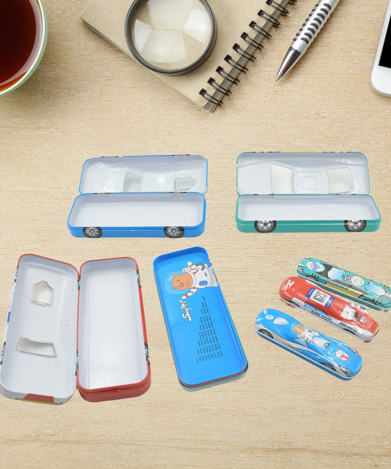 Metal compass box for kids shaped like a car