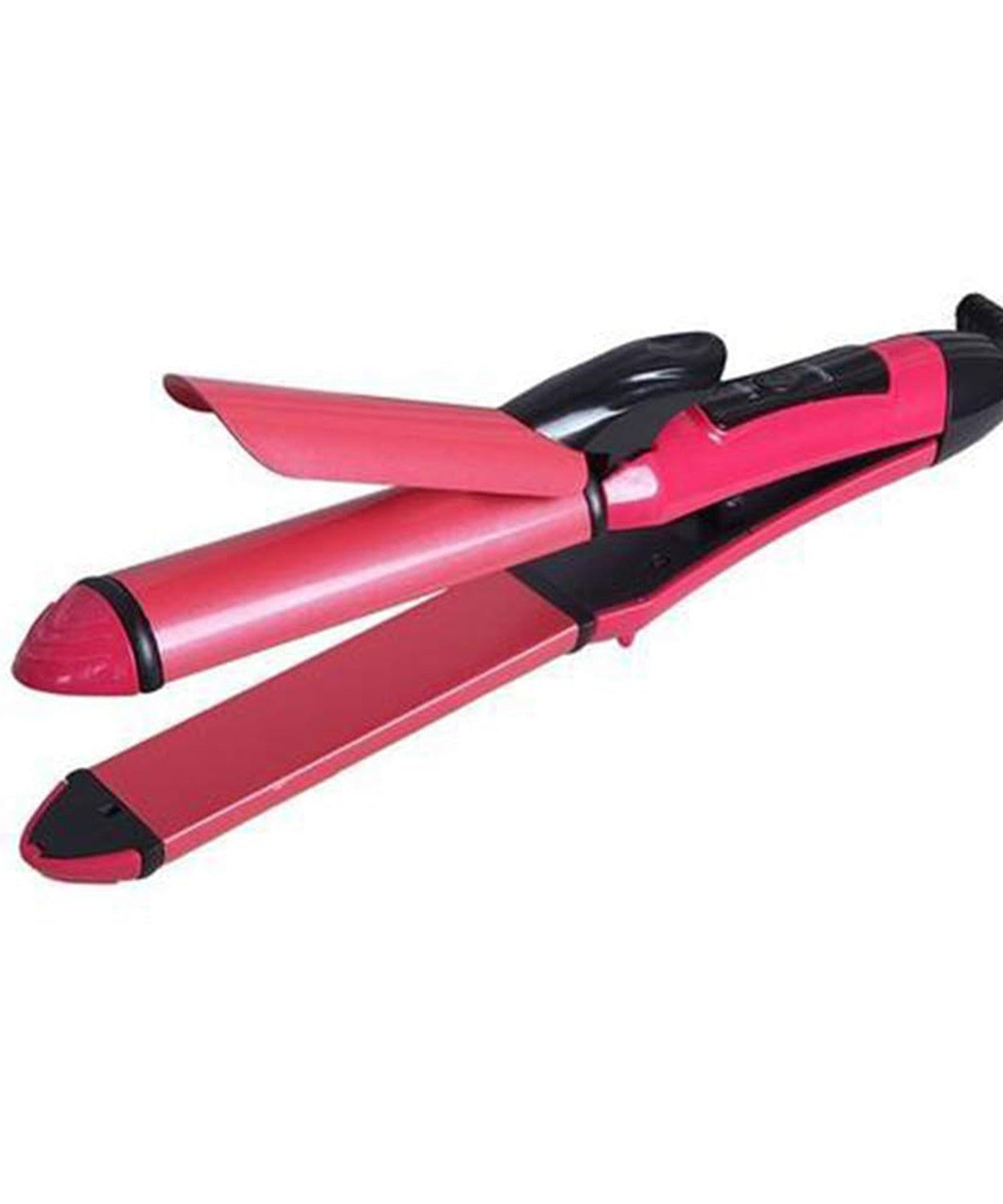 Hair iron with straightening and curling functions.