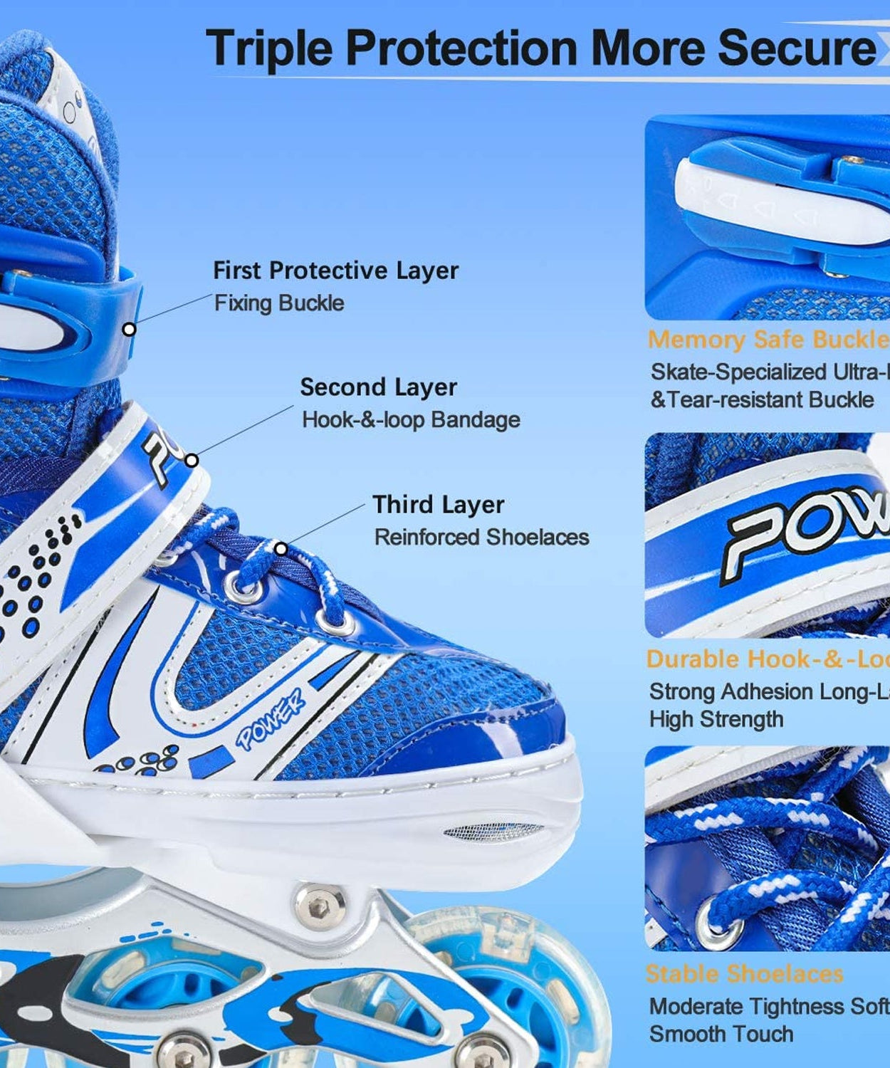 Adjustable inline skates with flashing wheels