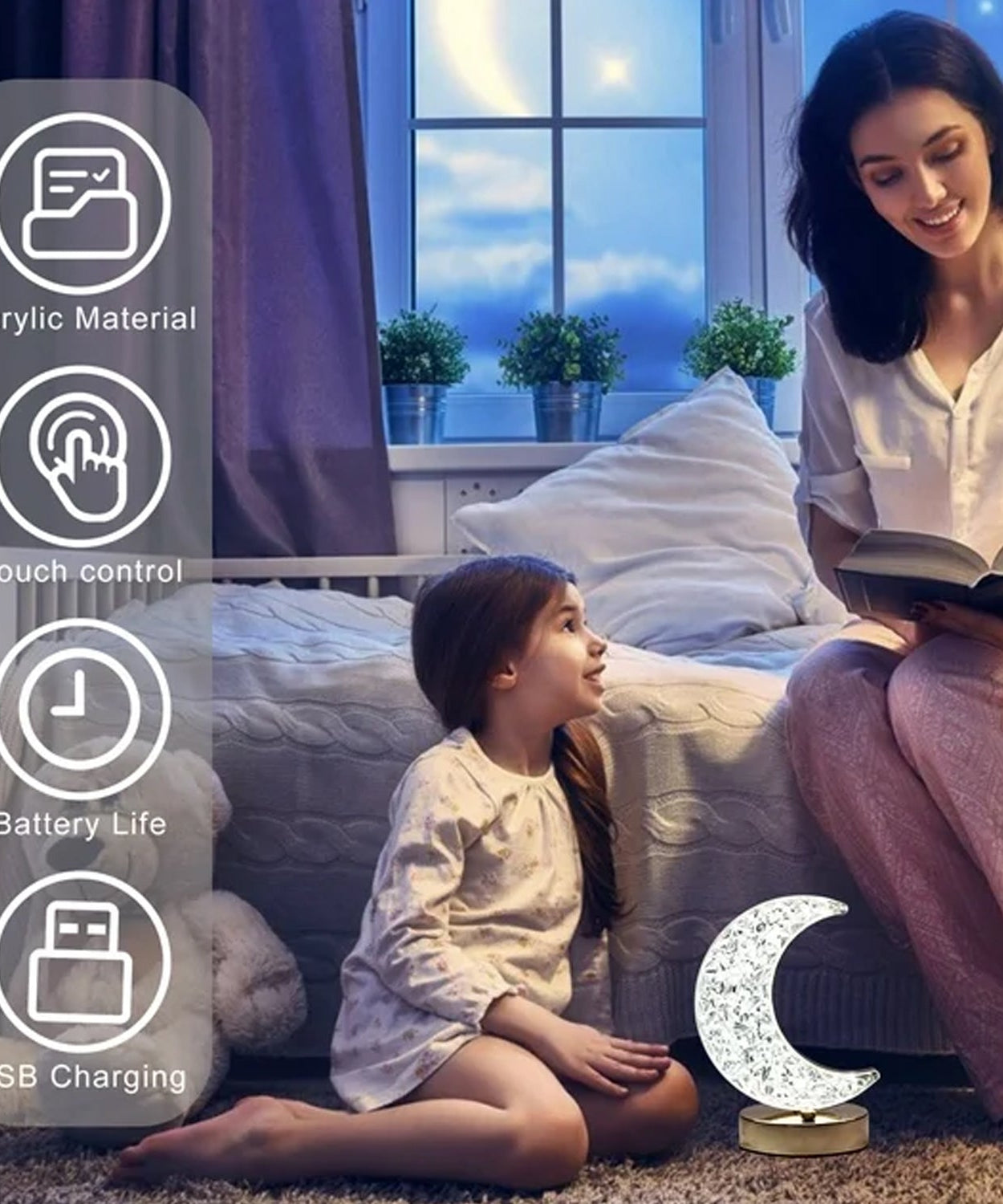 Crystal Table Lamp | Moon Shape Touch Control Lamp with 3 Color | Metal Bedside Lamp for Kids Bedroom Romantic Desktop Nightstand | Stepless Dimming USB Charging Touch Night Light