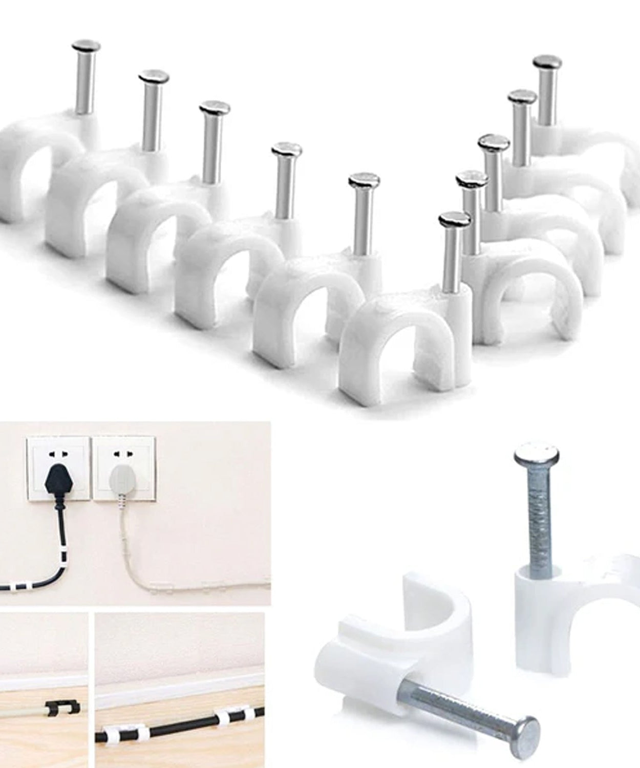 Wire Wall Clips, Plastic Cable Clips Round Wire Pins with Steel Nail (20 Pcs Set)