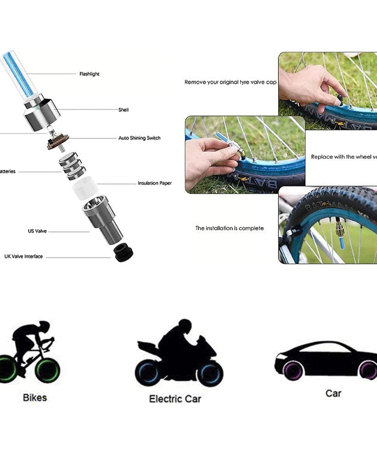 LED Flash Light lamp tyre Wheel Valve Sealing caps (2 Pc / Mix Color)