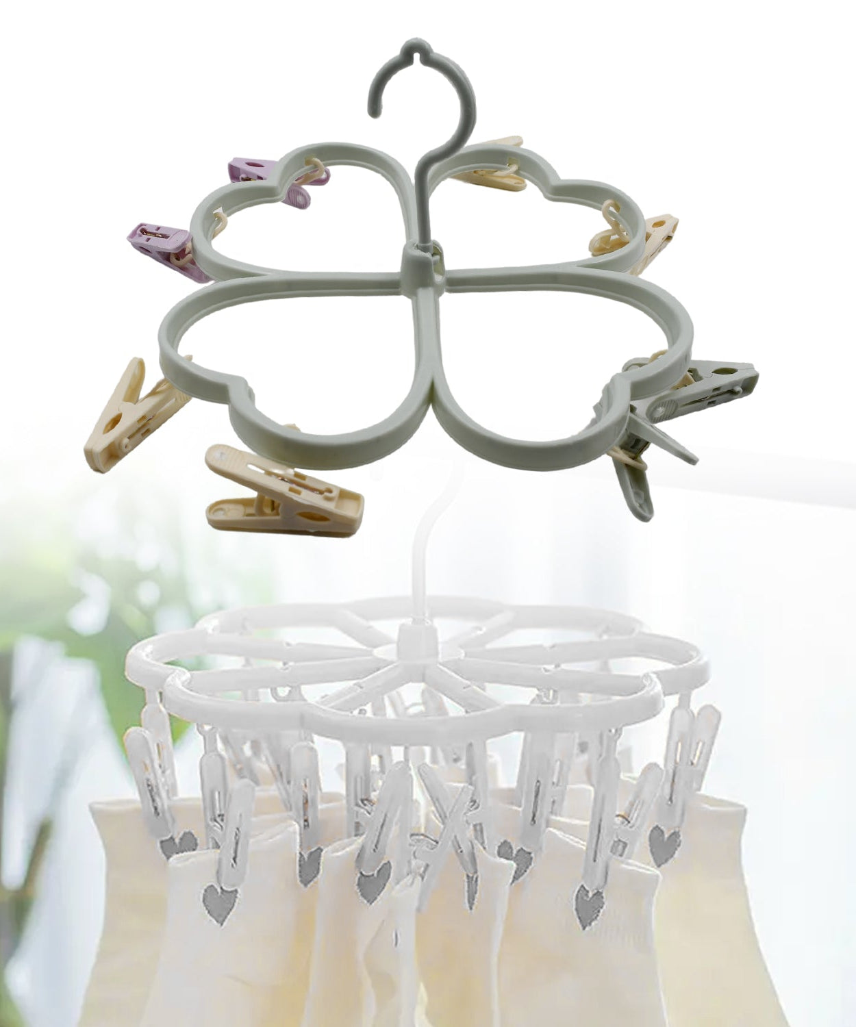 Clothes spin rack with heart shape and clips for drying