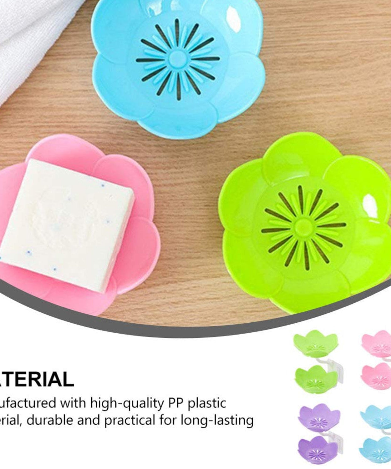 Self-draining soap dish with flower design for effective soap storage in the bathroom.