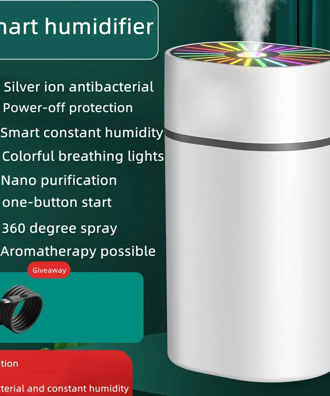 Colorful light humidifier for desk or bedroom, mini size for portability.