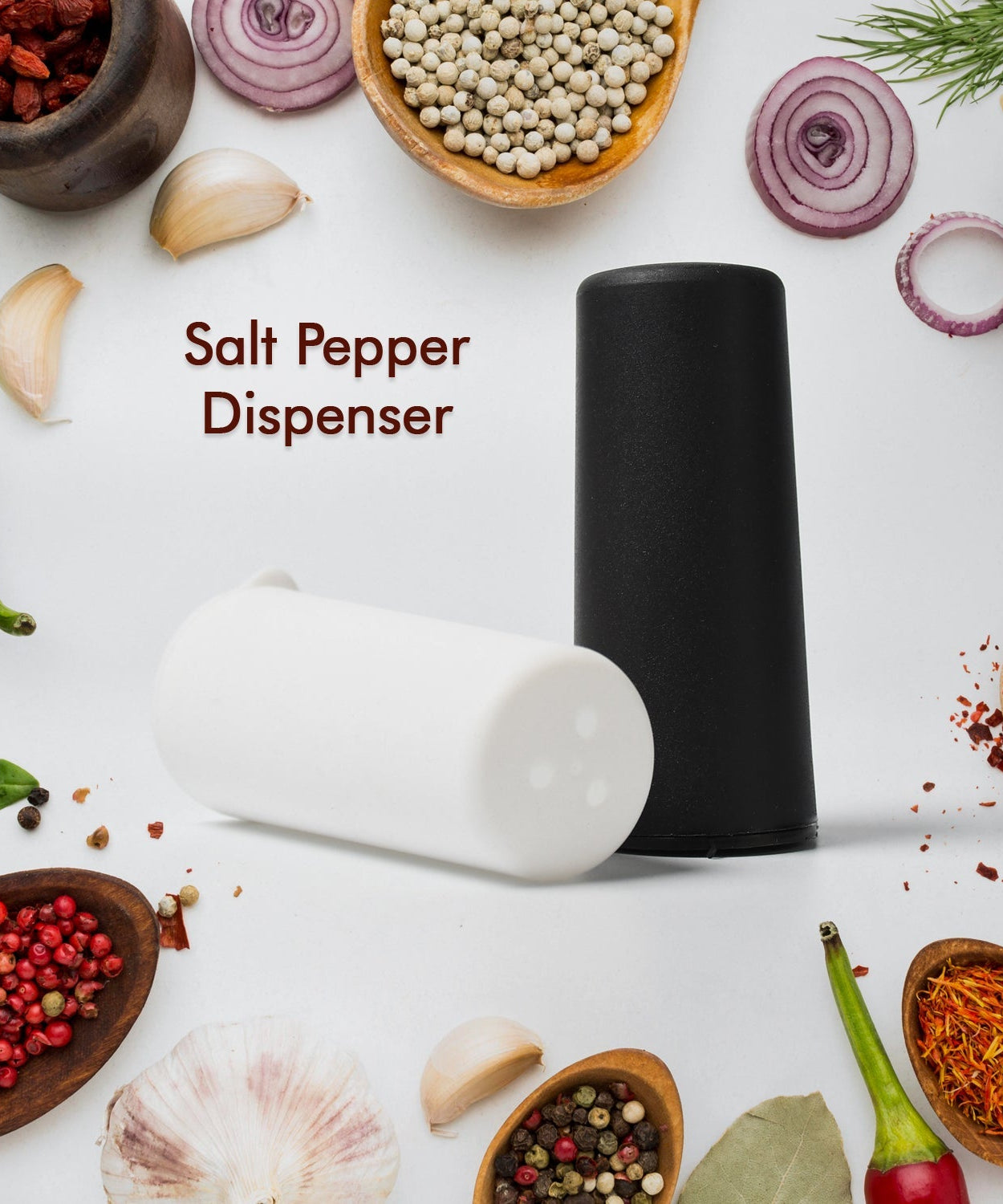 Salt and pepper dispensers on table