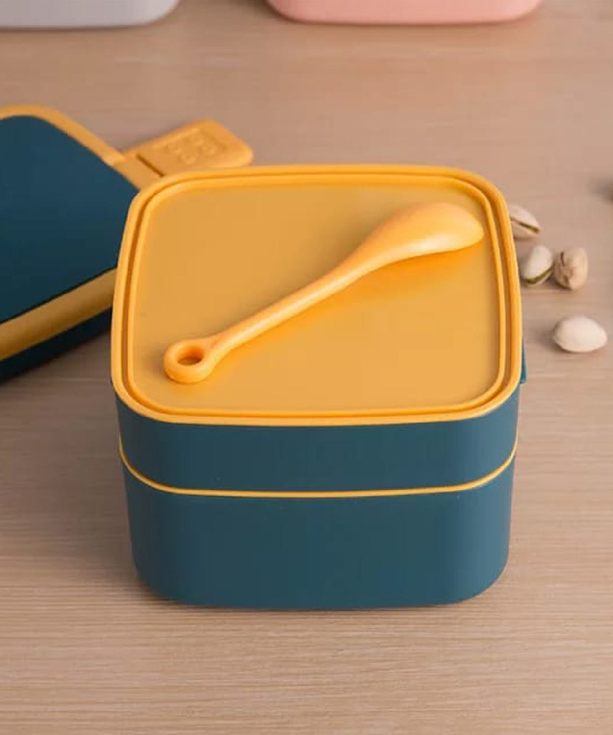 Blue double-layer lunch box with handle and spoon