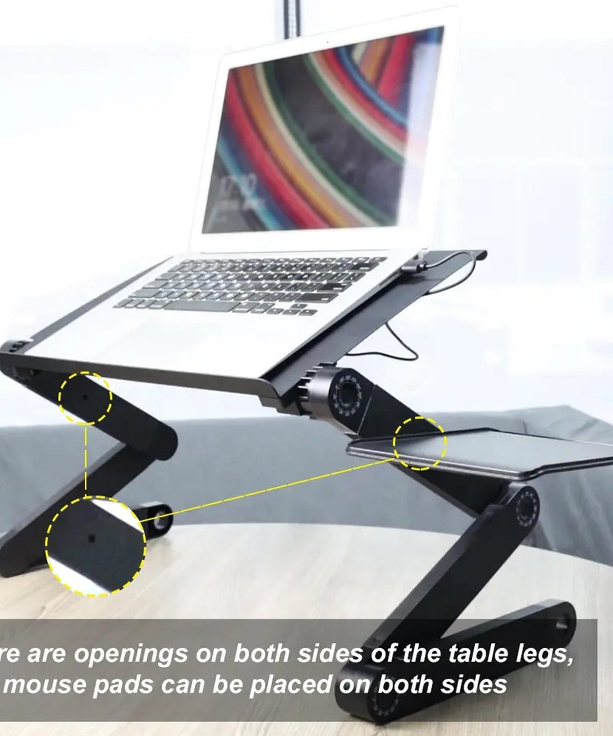 Portable laptop desk with adjustable height, foldable, includes 2 cooling fans for better airflow.