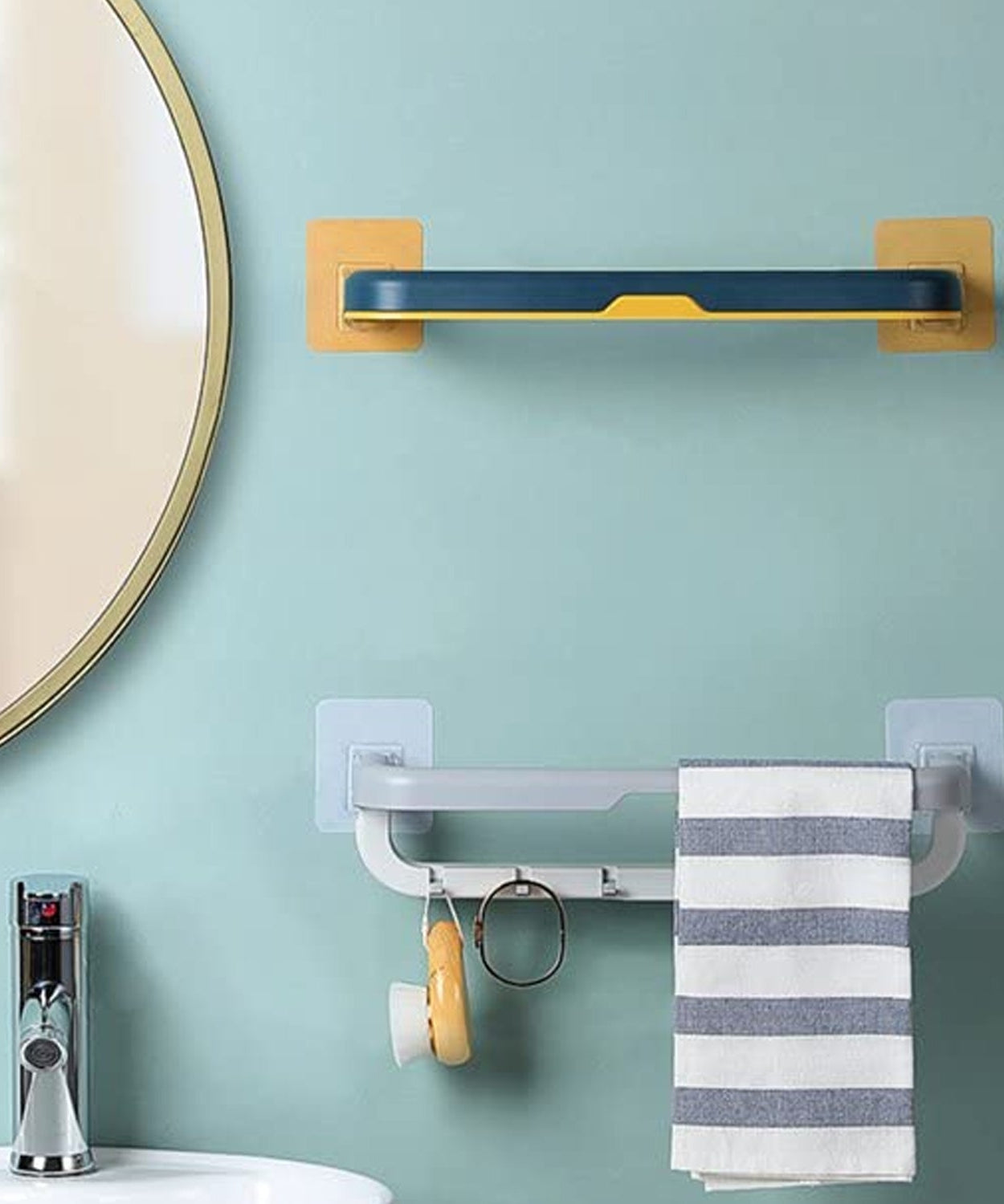 Wall-Mounted Double Bar Towel Holder with Hooks & Adjustable Folding Shelf