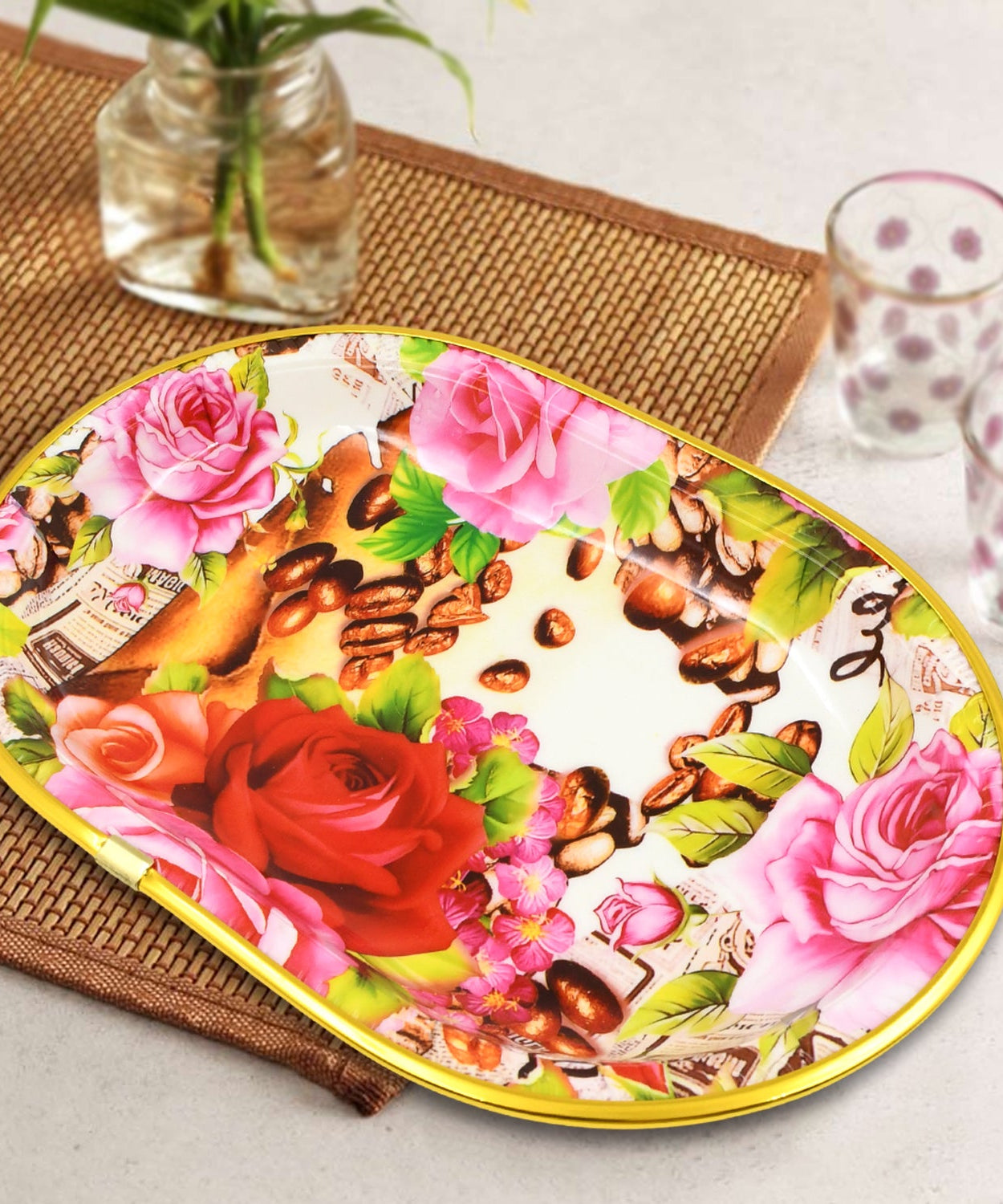 Small Plastic Flower Printed Design Serving Tray