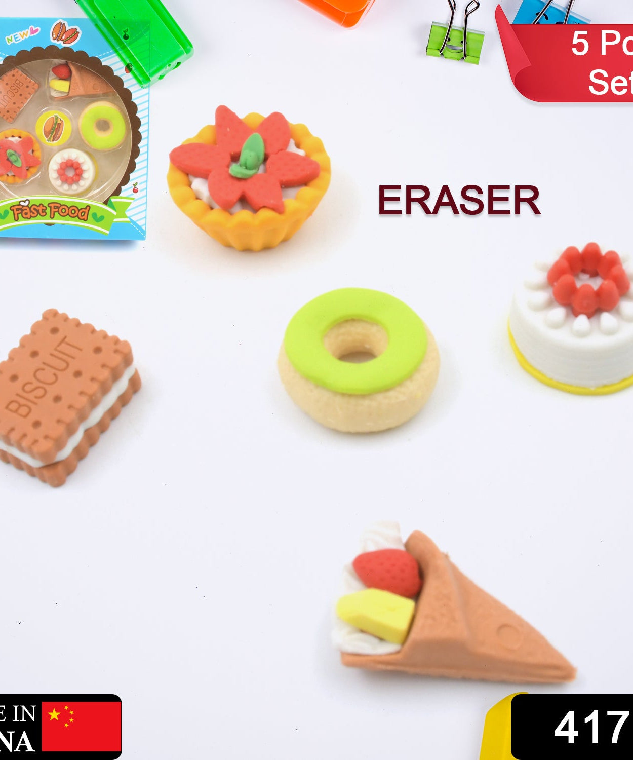 3D Fast Food Erasers Set, Cute Mini Colorful Erasers for Kids Gift & School (5 Pcs)