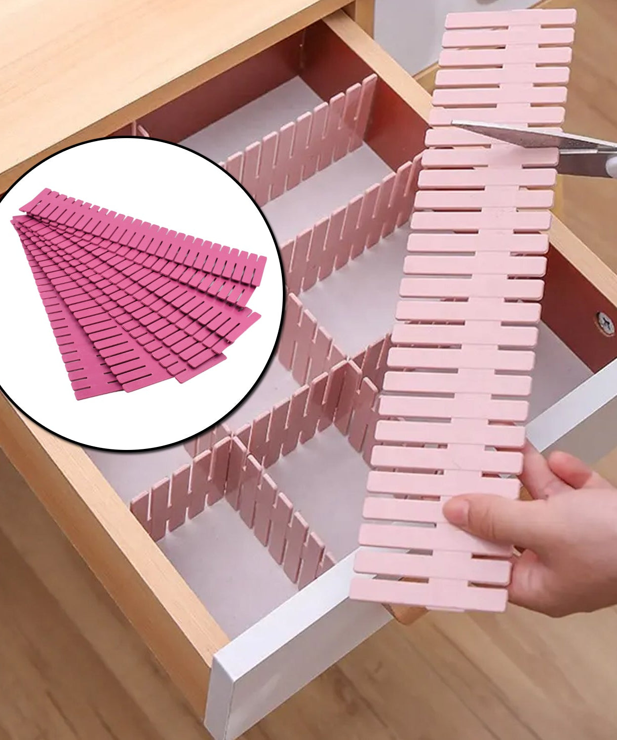Adjustable plastic dividers for drawers, grid design for organizing home and kitchen items.