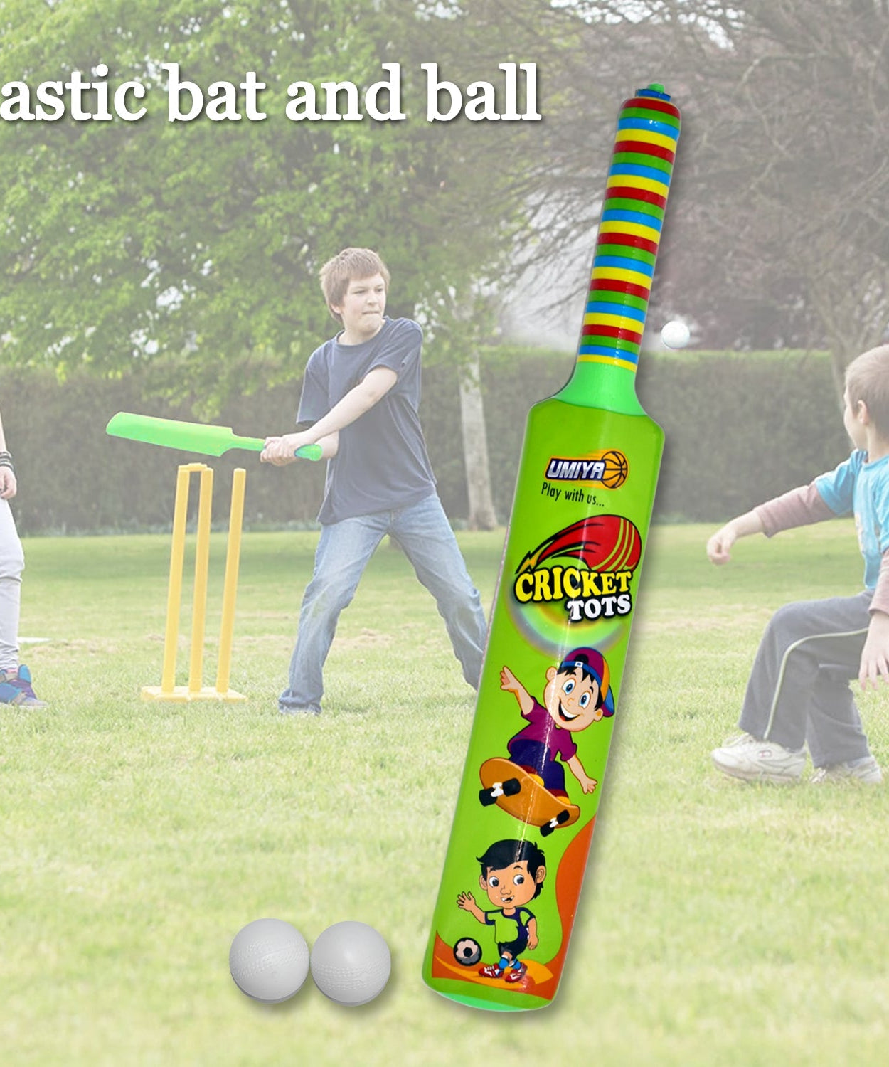 Children playing with lightweight plastic bat, ball, and hockey set