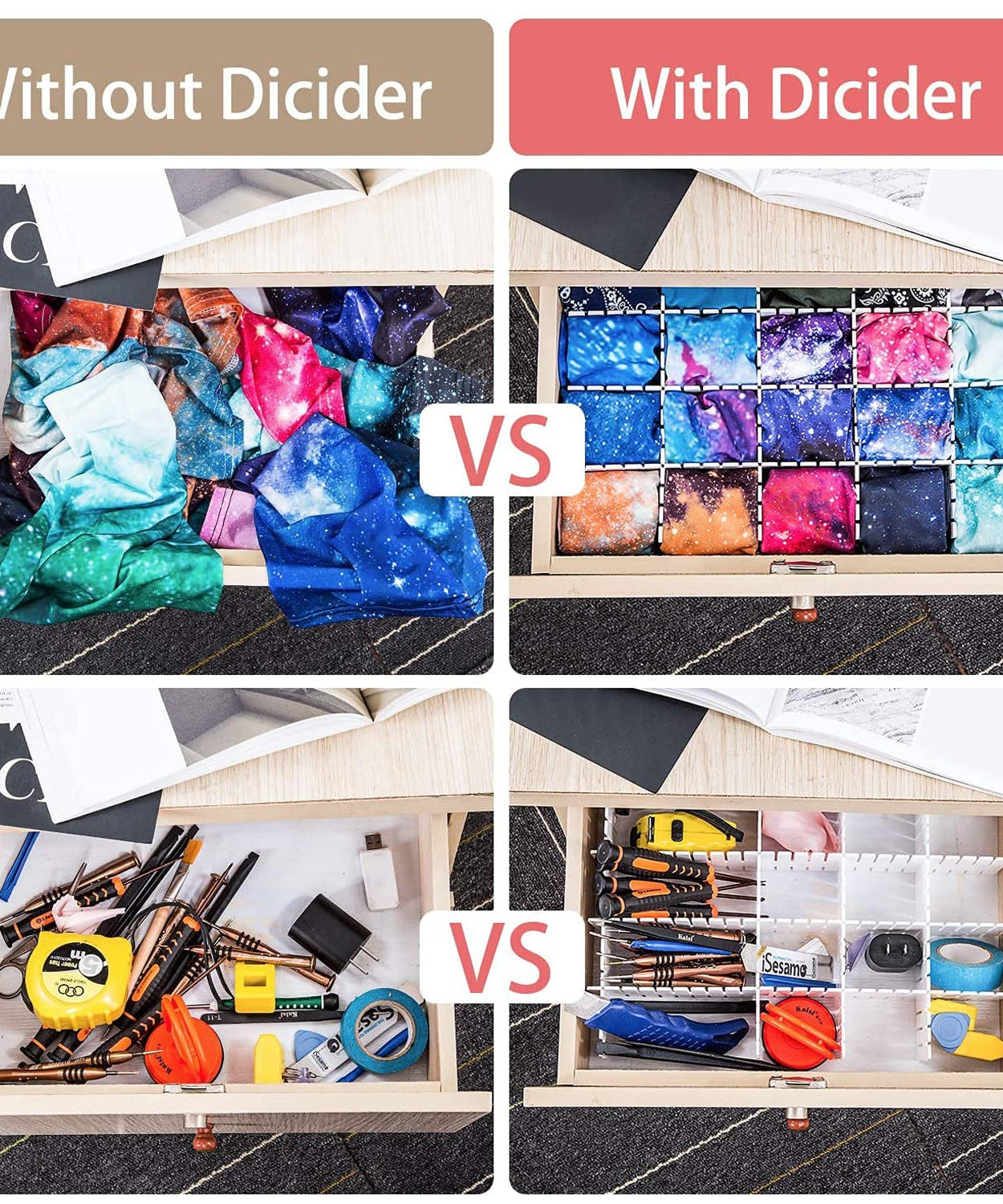 Adjustable drawer organizers, flexible dividers for neat storage