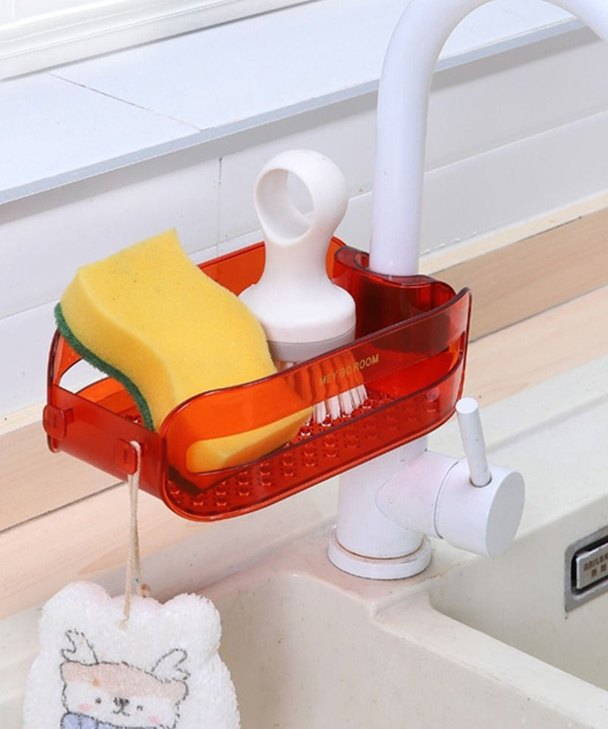 Sink strainer basket, plastic, hanging from faucet