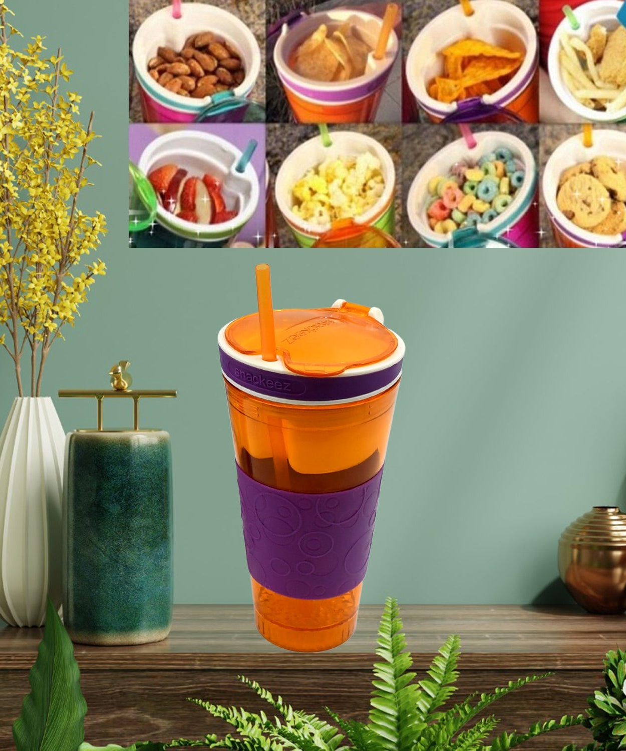 2-in-1 snack and drink container for travel, combining a cup and snack holder.
