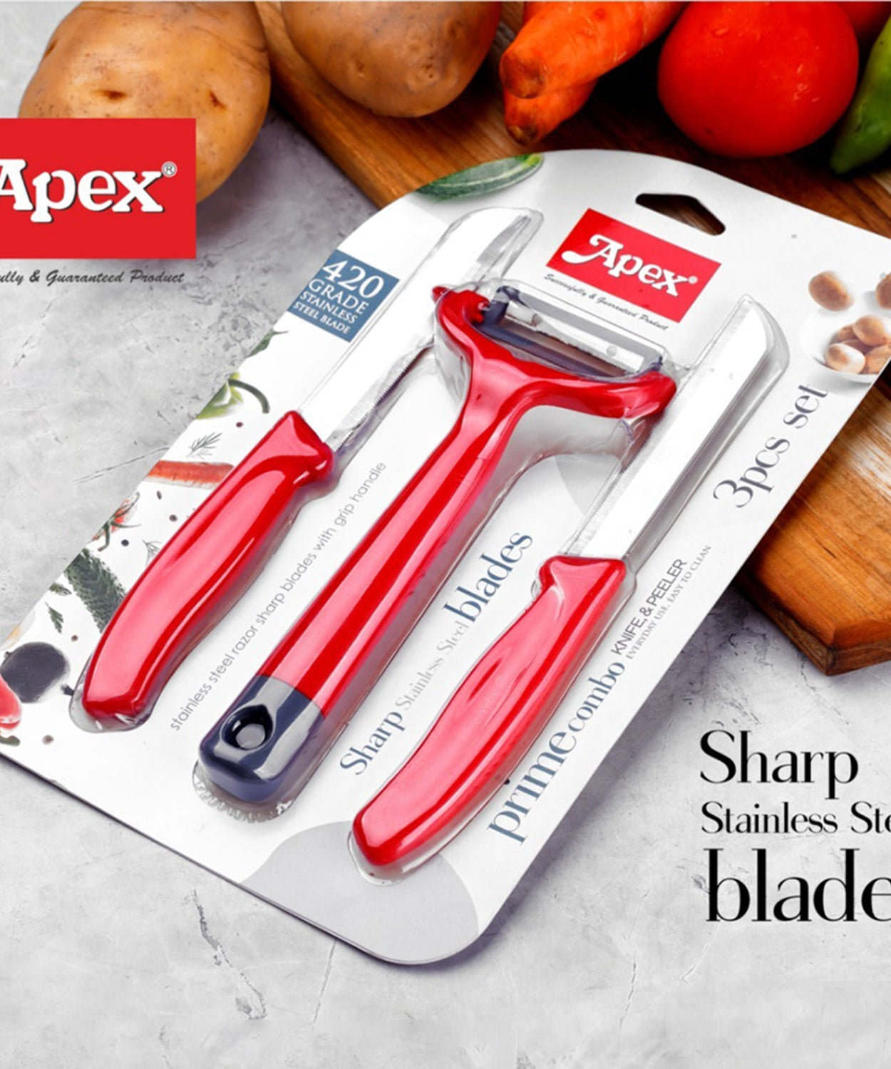 Apex 3-Piece Stainless Steel Kitchen Knife and Peeler Set