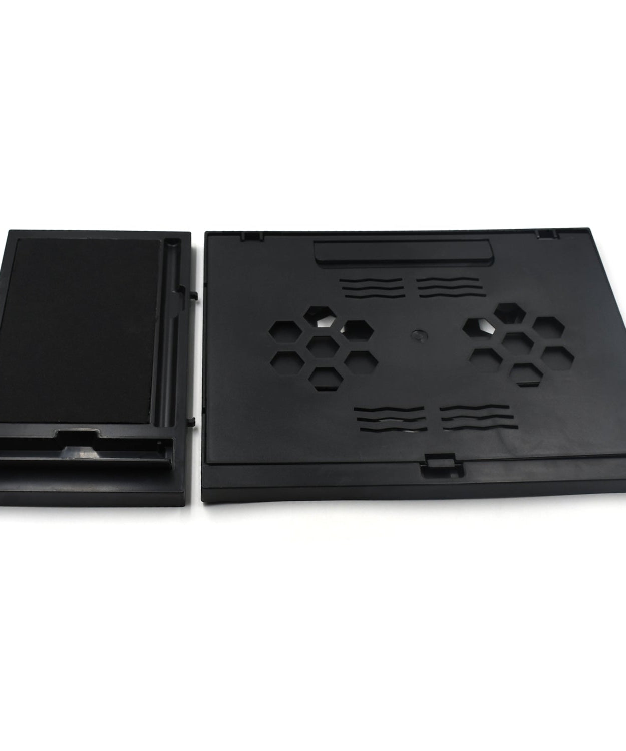 Foldable laptop and tablet stand with phone holder, portable for desk use.