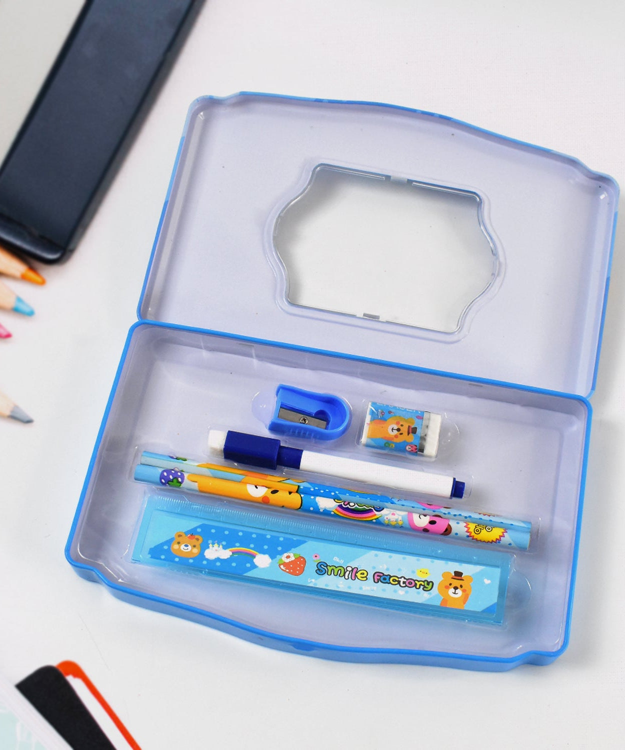 Cartoon Metal Compass Box for Kids with Stationery (6 Pc Set)