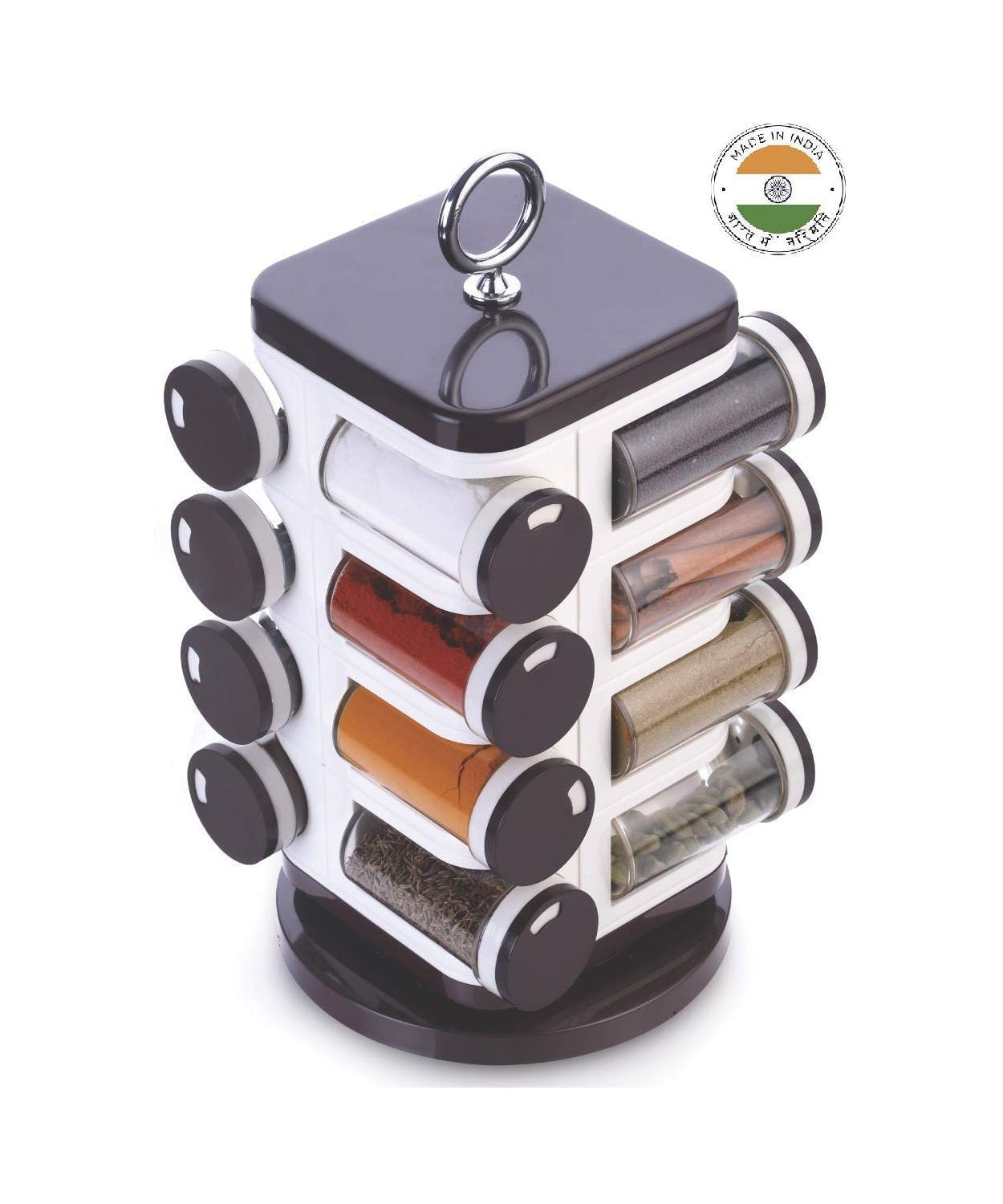 Multipurpose spice rack with 16 dispensers, each 100 ml, Ganesh brand.