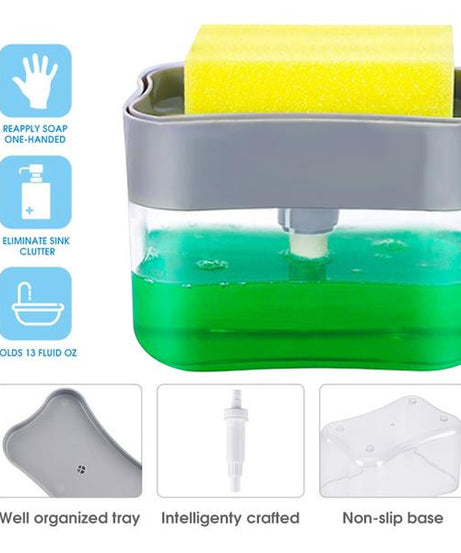 Soap dispenser with sponge holder in various angles.