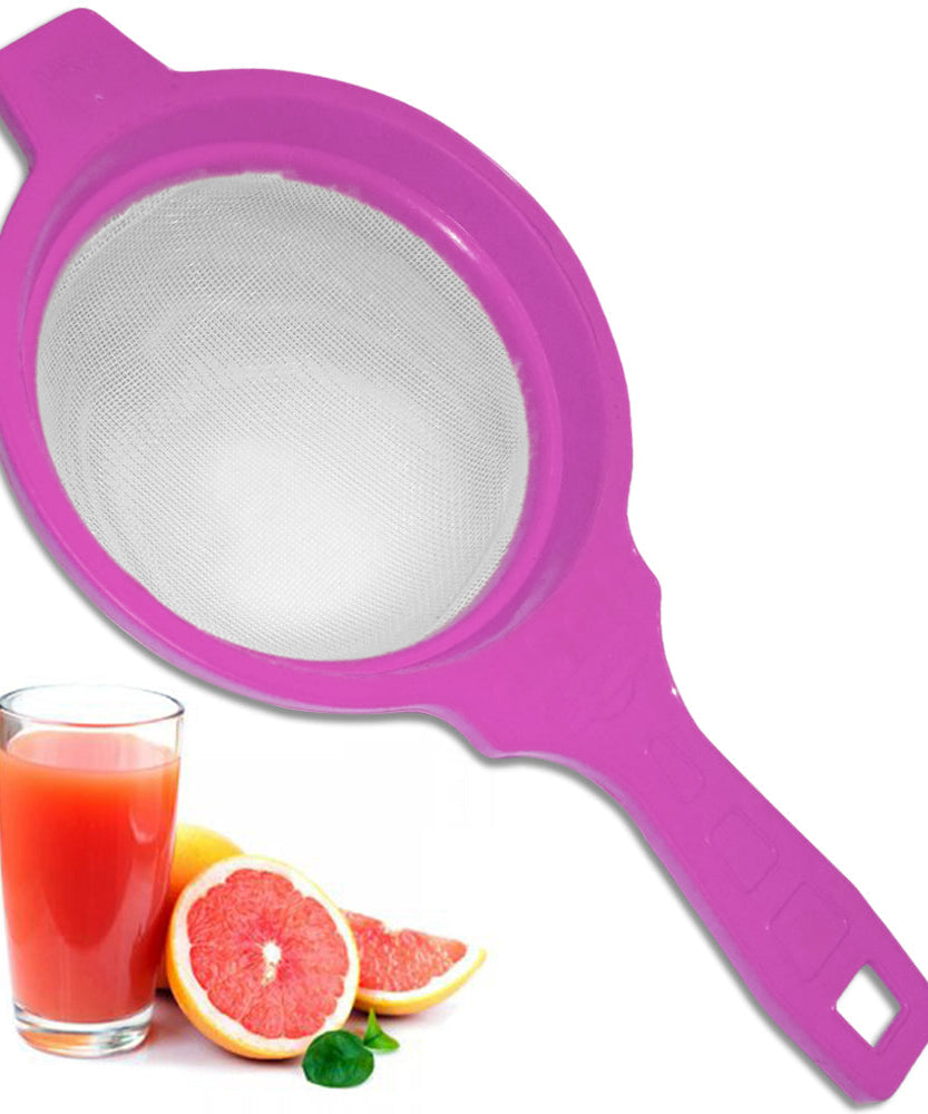 Plastic strainer for juice, designed to handle various liquids.