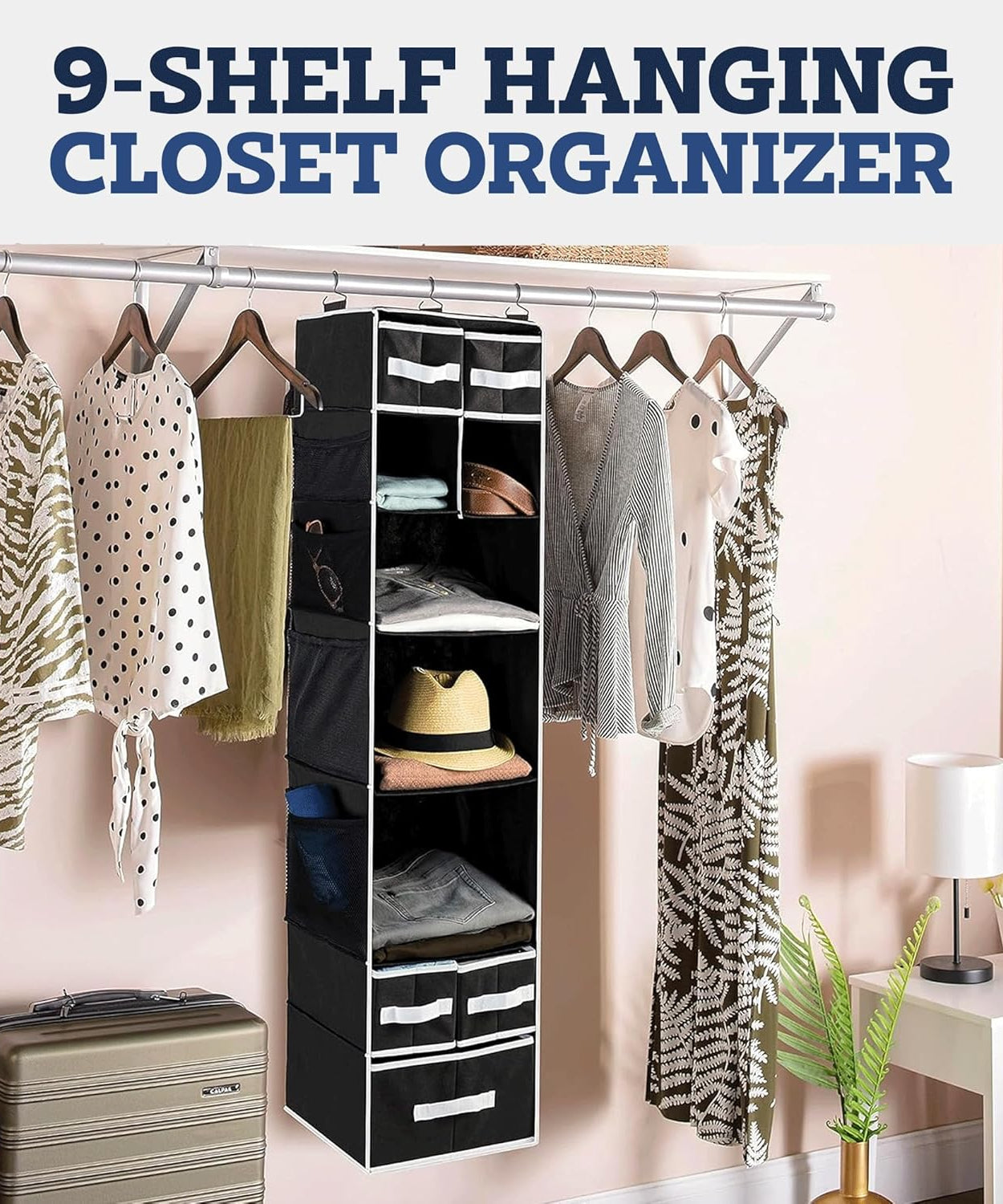 9 Shelf Hanging Closet Organizer with 5 Drawer Organizers