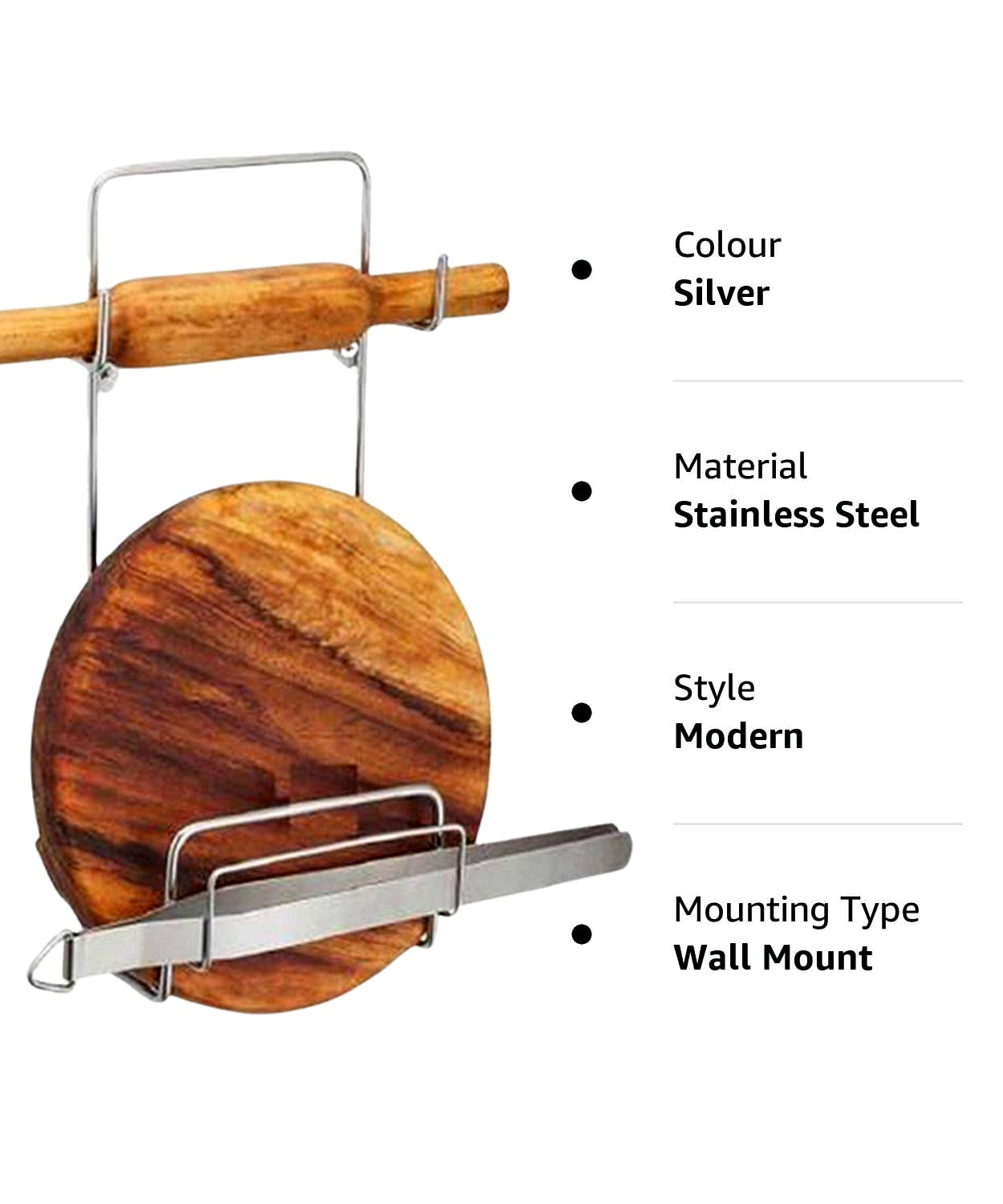Chakla Belan Chimta Stand Rolling Pin Board Tong Holder Silver Stainless Steel Multi-Purpose Rack for Kitchen (1 Pc )