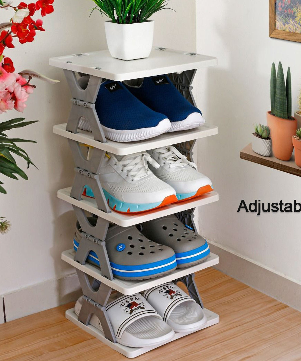 Heavy-duty plastic shoe rack, free-standing and foldable