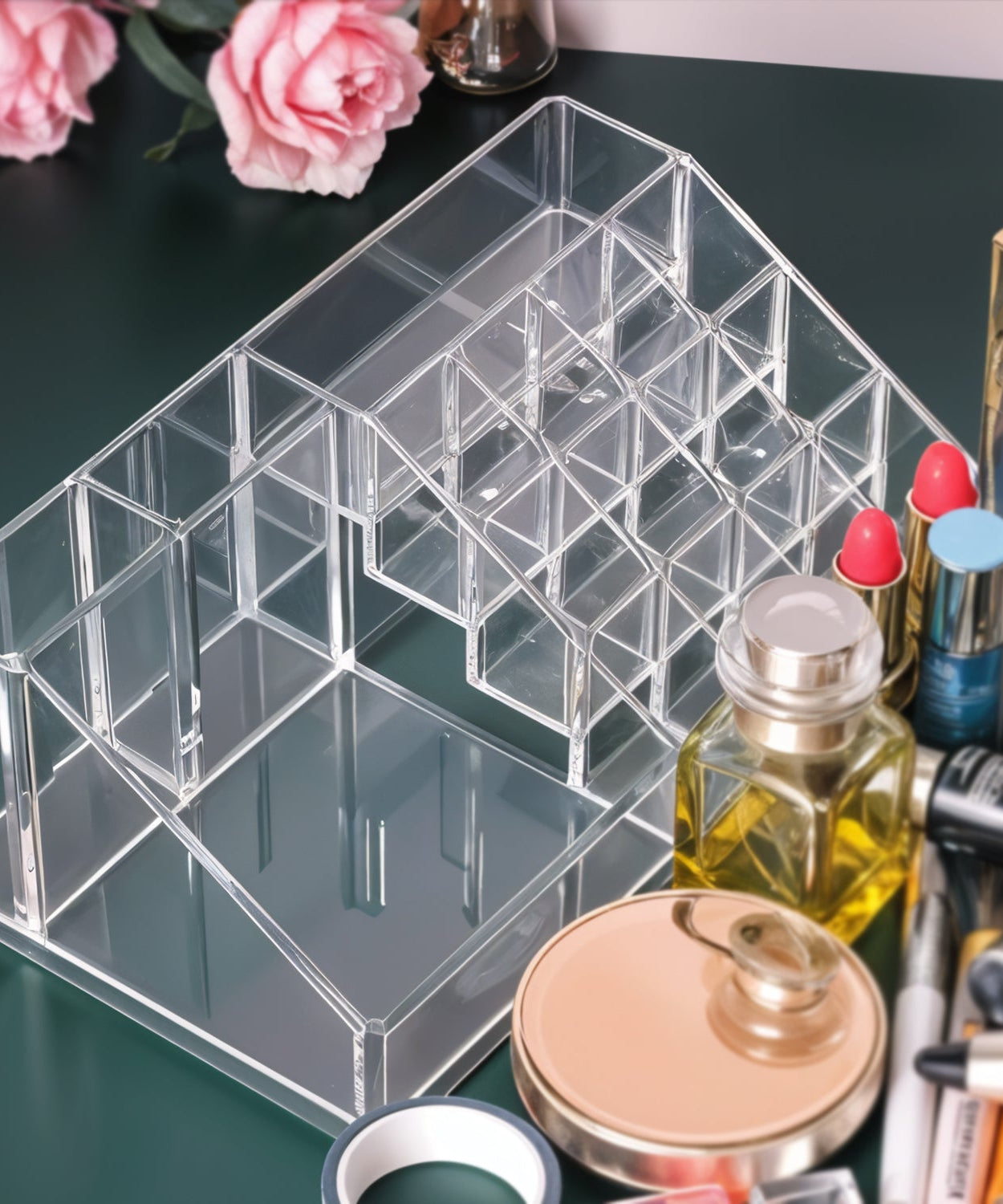 16 Compartment Cosmetic Makeup Jewellery Lipstick Storage Organiser Box, Cosmetic Storage Box Make-up Lipstick Organizer / Lipstick Holder Case  Transparent