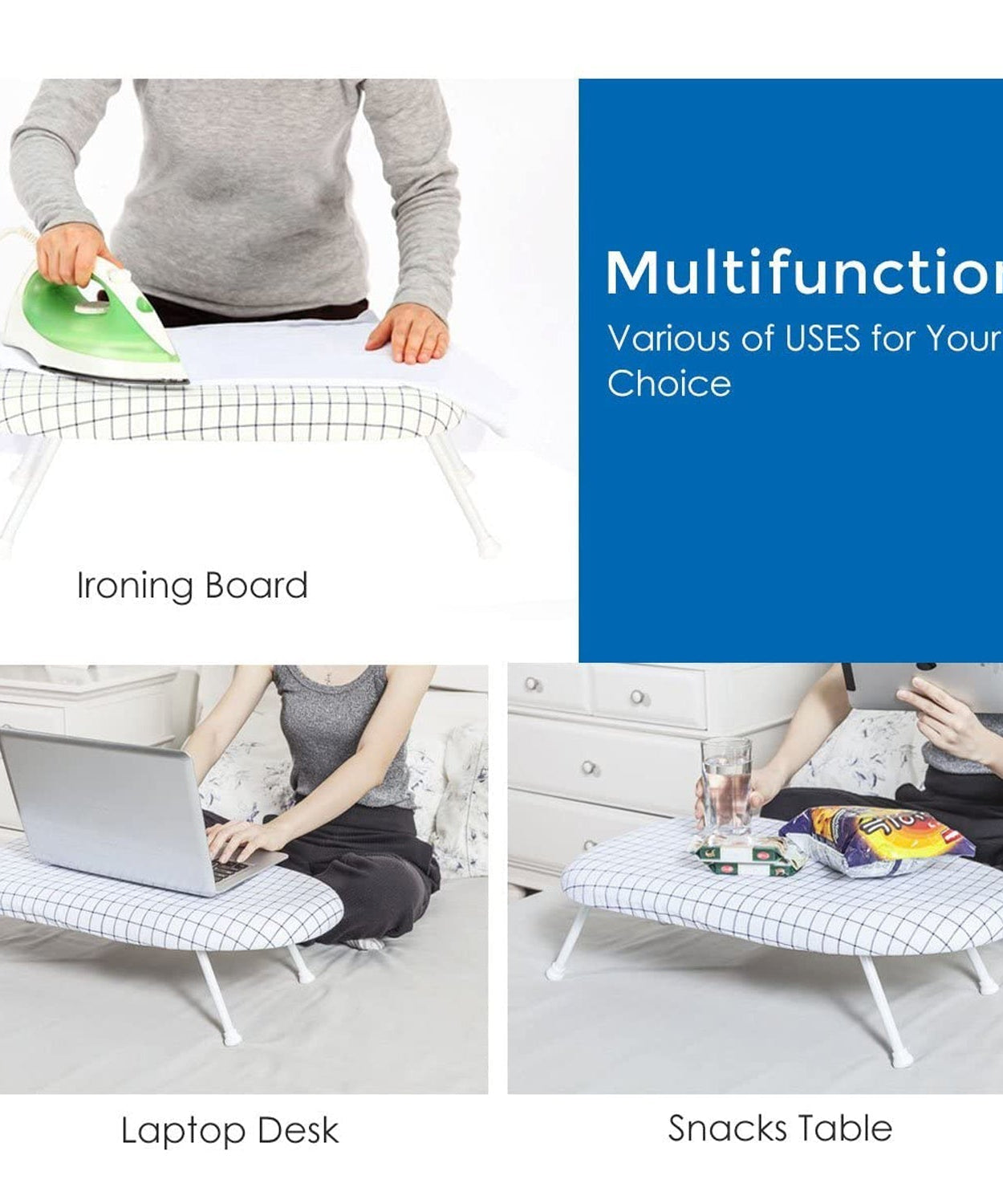 Foldable ironing pad for quick and easy ironing of clothes and fabrics.