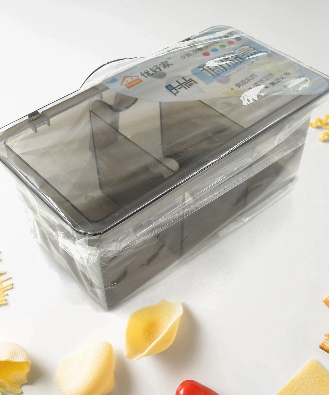 Durable seasoning box with lid, three compartments, perfect for various dining settings.