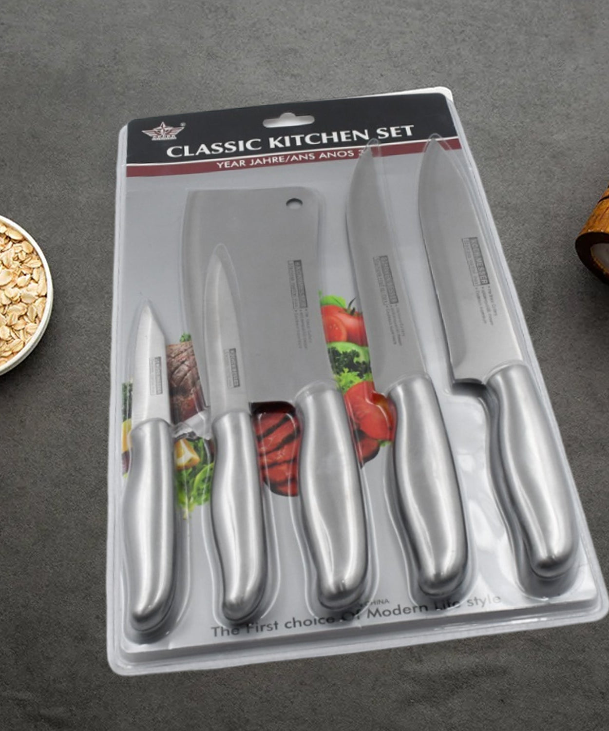 Essential 5-piece kitchen knives set with stainless steel blades.