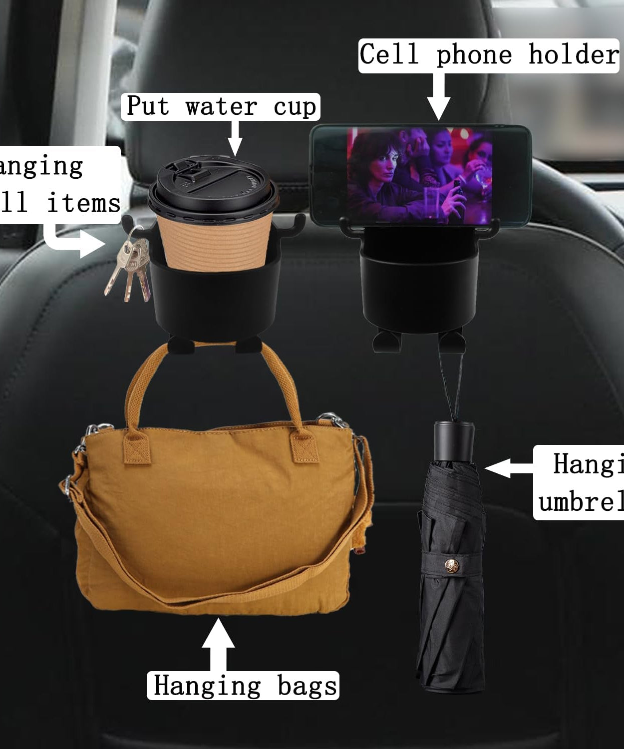 Car Headrest Backseat Organizer, 3 in 1 Automotive Cell Phone Drink cupholder Adapter with Headrest Hooks for Kids and Adults, Multifunctional Storage for Car Travel Accessories