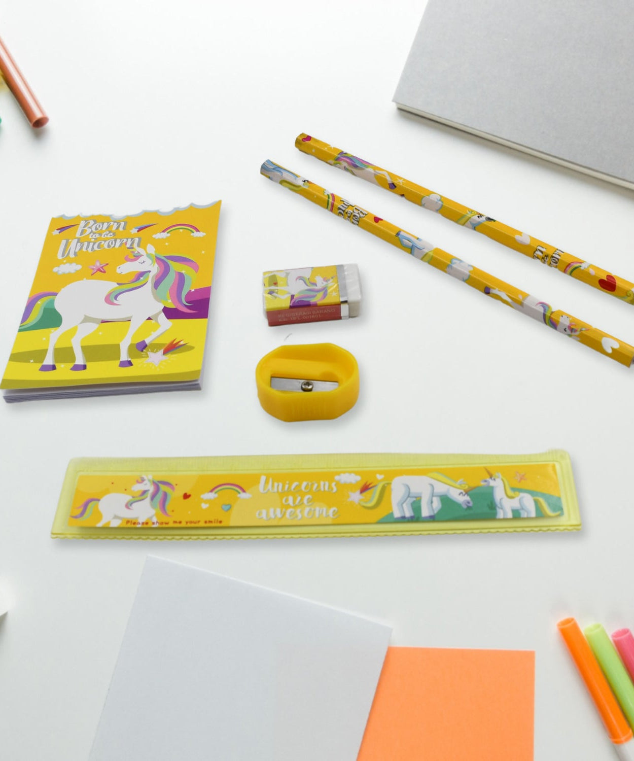 6-piece stationary set with ruler, pencils, and sharpener