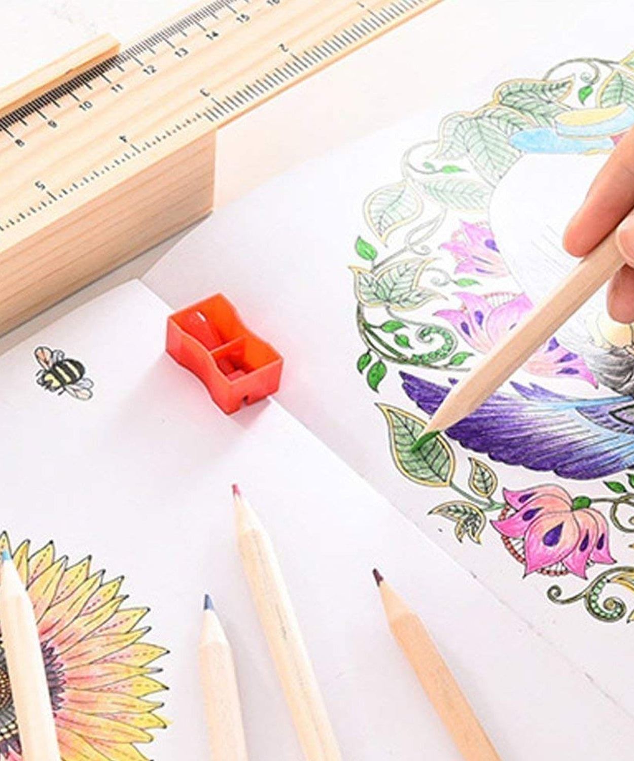 Colorful Wooden Pencil Set with Pencil box, Ruler, Sharpener For for Kids, Artist, Architect (12 Pcs Set)