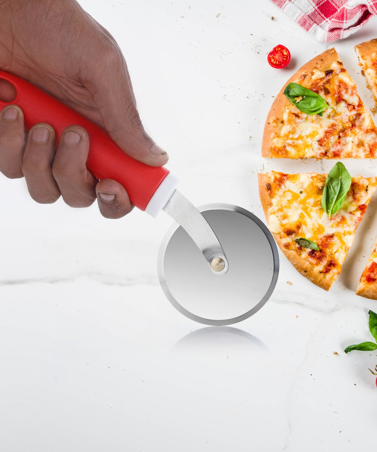 Ganesh pizza cutter wheel, stainless steel, close-up view.