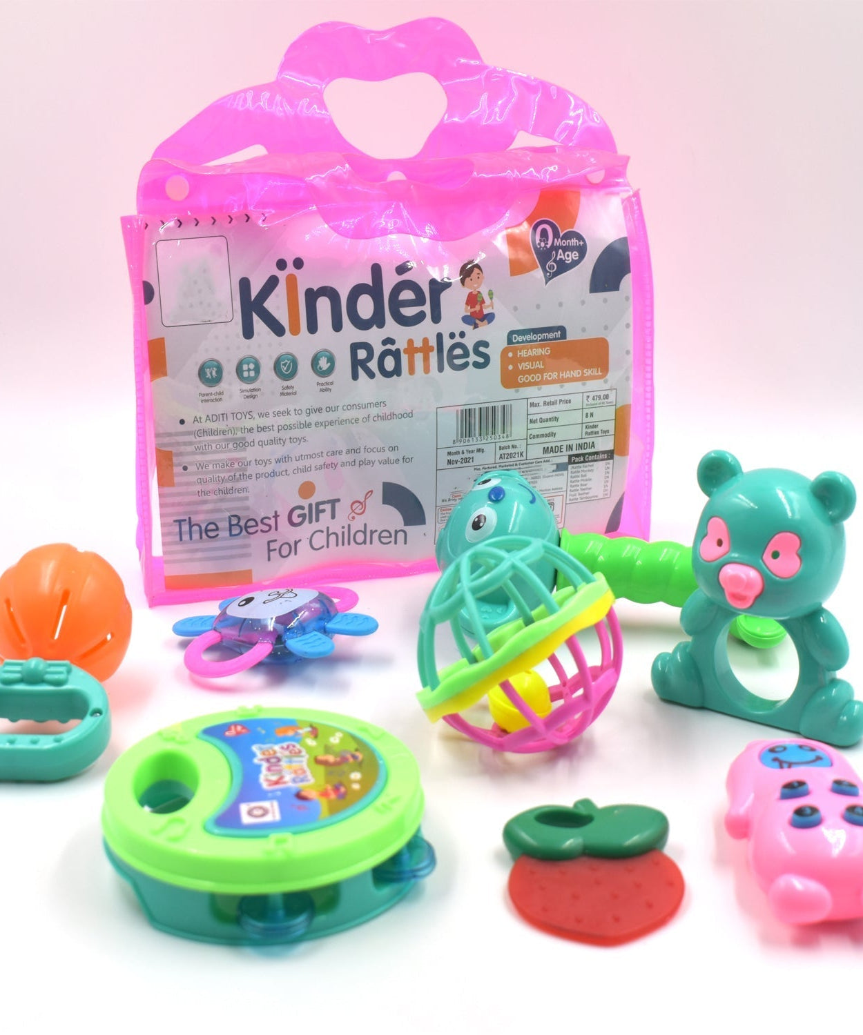 Colorful baby rattle toy designed for sensory development and play.