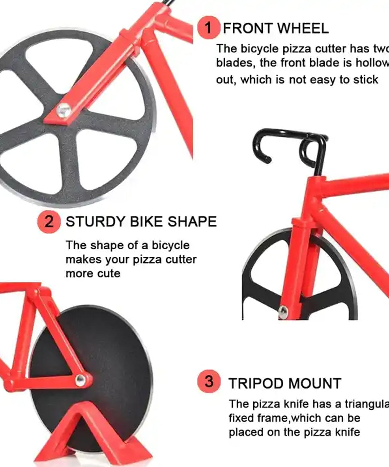 Pizza cutter in the shape of a bicycle with sturdy stainless steel construction.