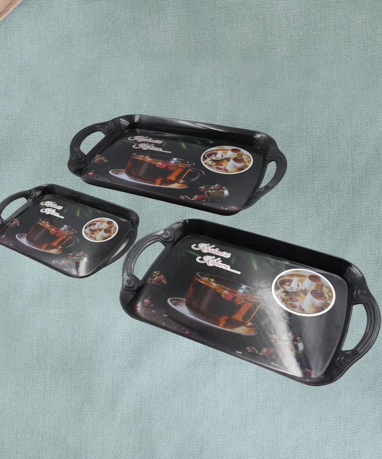 Multicolor serving tray set of 3, ideal for serving guests or as a decorative piece.