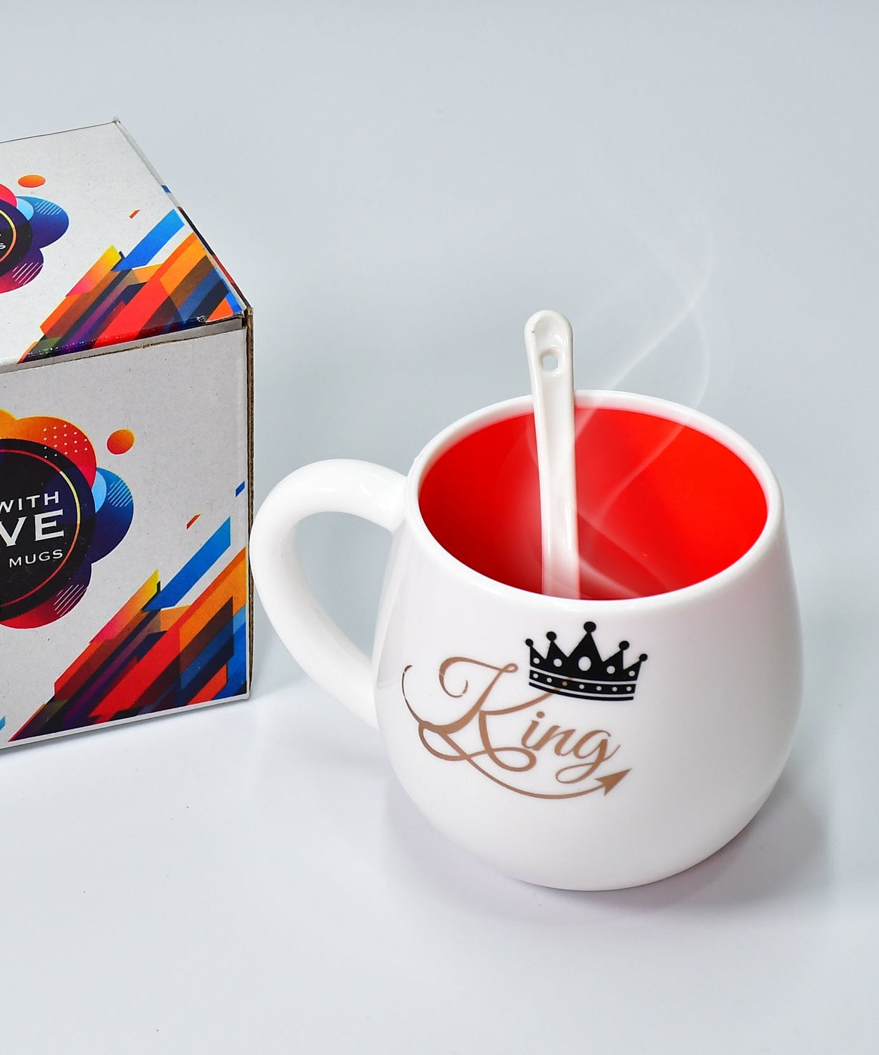 Coffee mug with spoon, ceramic, microwave and dishwasher safe