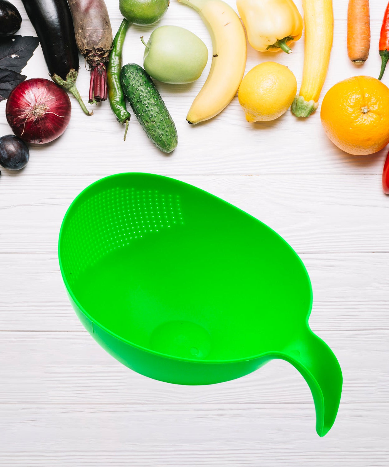 Kitchen rice bowl with thick drain basket, easy handle grip.