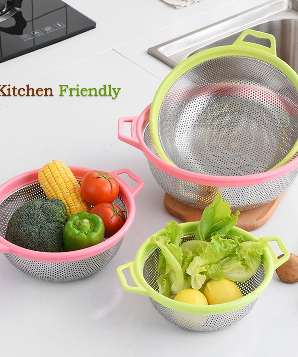 Colander with fruits in a kitchen setting