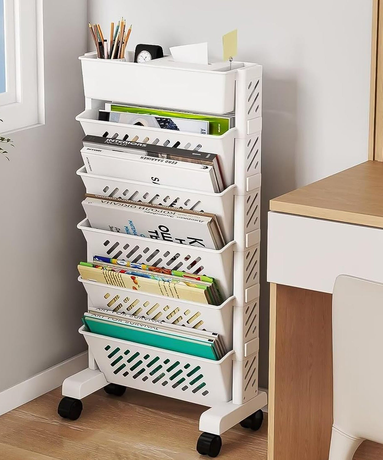 Movable Bookshelf, Large Capacity Rotatable Plastic Rolling Organization Shelf / Rack